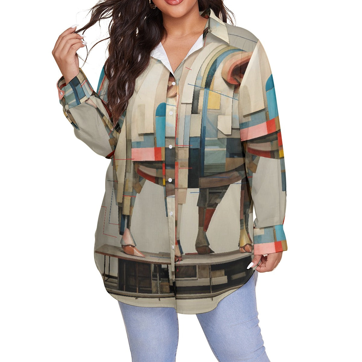 All-Over Print Women's Shirt With Long Sleeve(Plus Size)