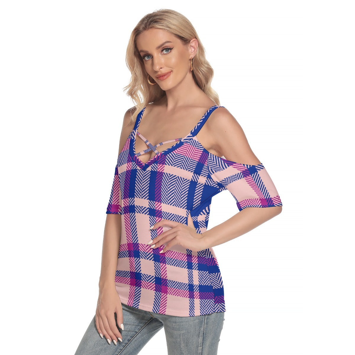 All-Over Print Women's Cold Shoulder T-shirt With Criss Cross Strips