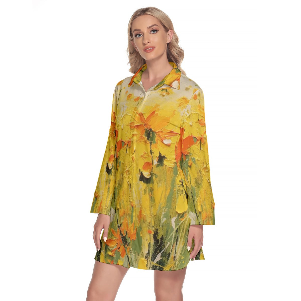 All-Over Print Women's Lapel Shirt Dress With Long Sleeve