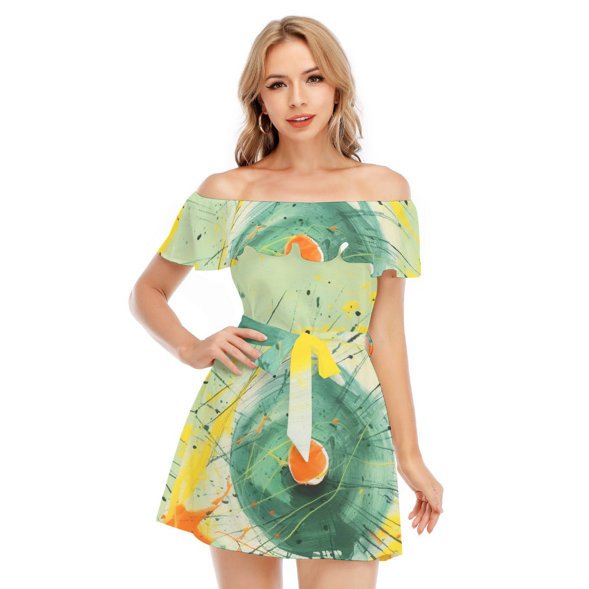 All-Over Print Women's Off-shoulder Dress With Ruffle