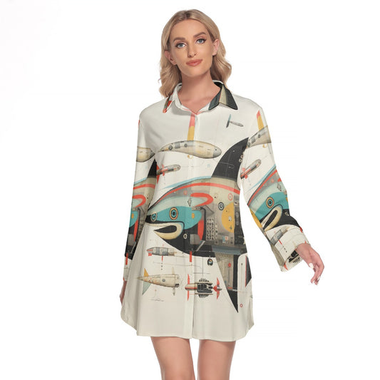 All-Over Print Women's Lapel Shirt Dress With Long Sleeve