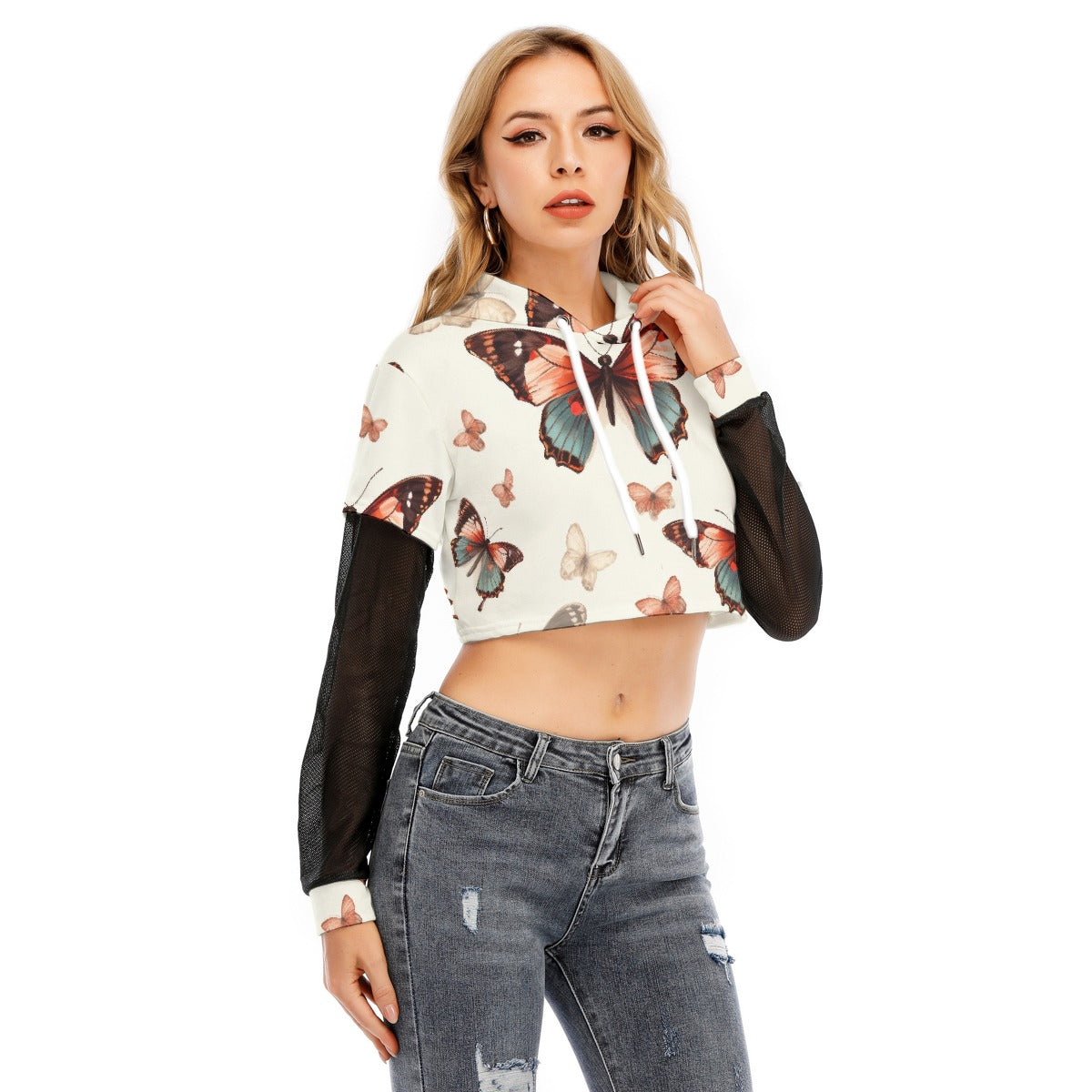 All-Over Print Women's Fake Two-piece Mesh Sleeve Cropped Hoodie