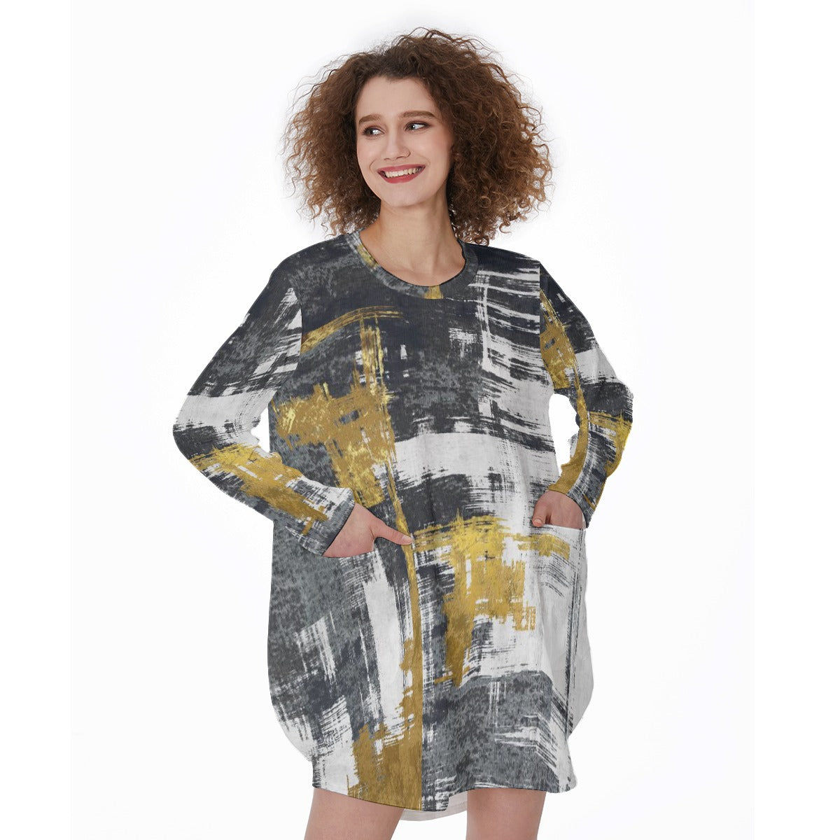 All-Over Print Women's Casual Loose Long Sleeve Dress With Pocket