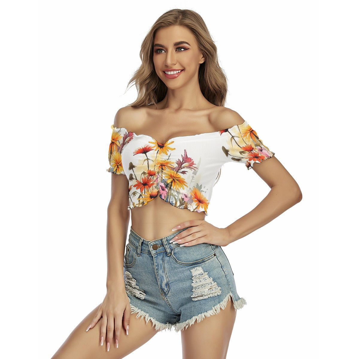 All-Over Print Women's One-shoulder Off-the-navel Short Sleeve T-shirt