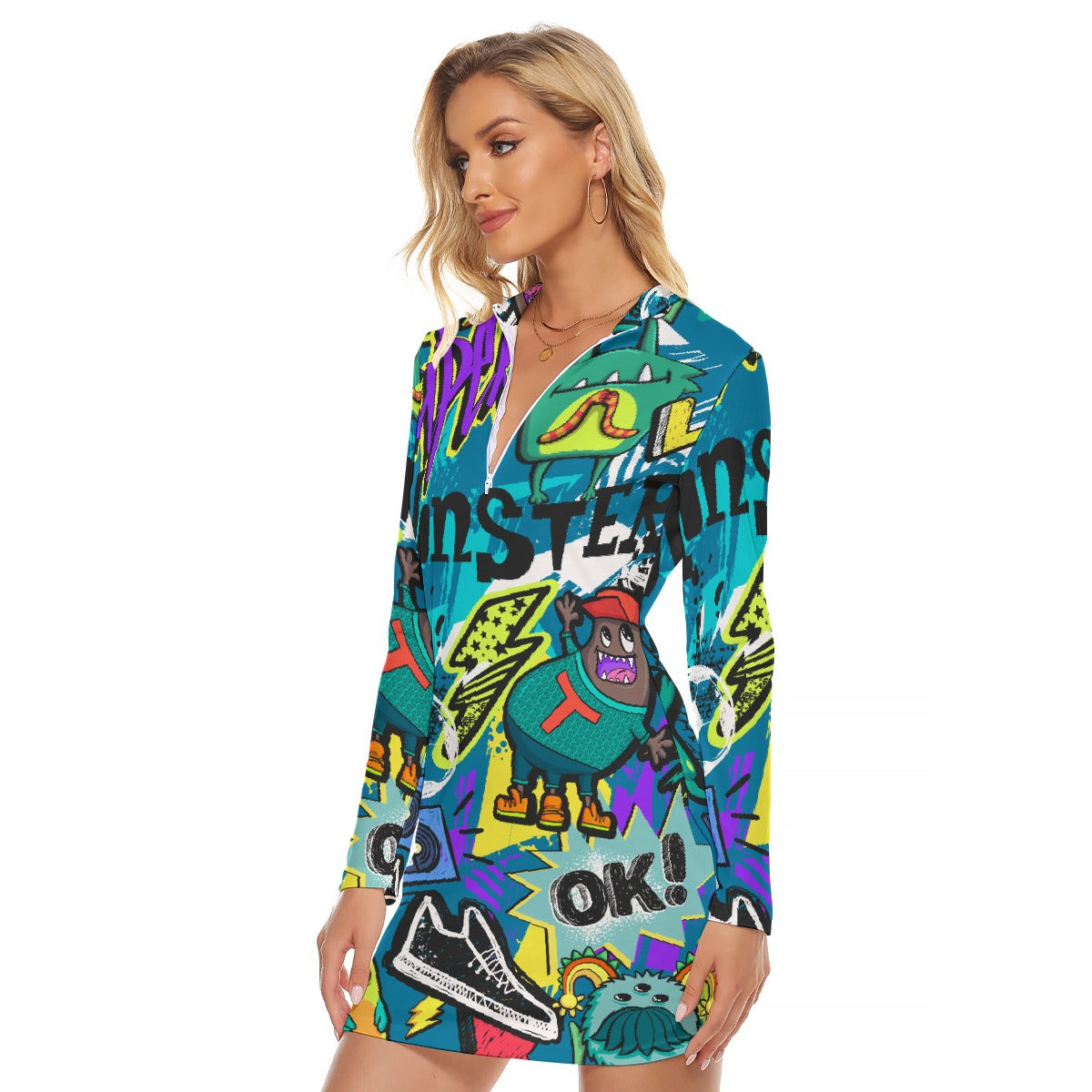 All-Over Print Women's Zip Front Tight Dress