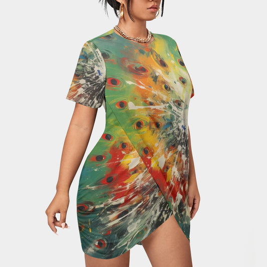 All-Over Print Women’s Stacked Hem Dress With Short Sleeve（Plus Size）