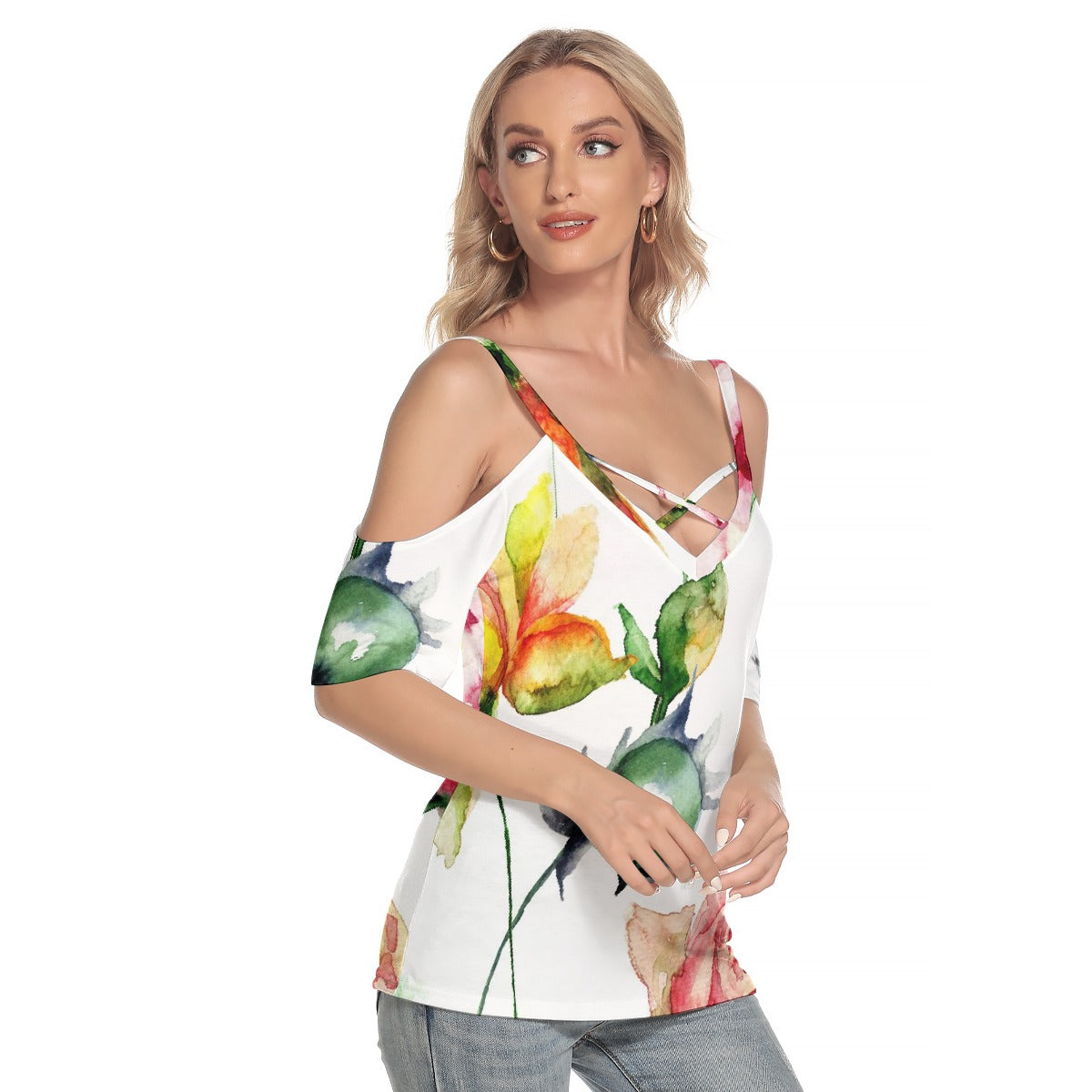 All-Over Print Women's Cold Shoulder T-shirt With Criss Cross Strips