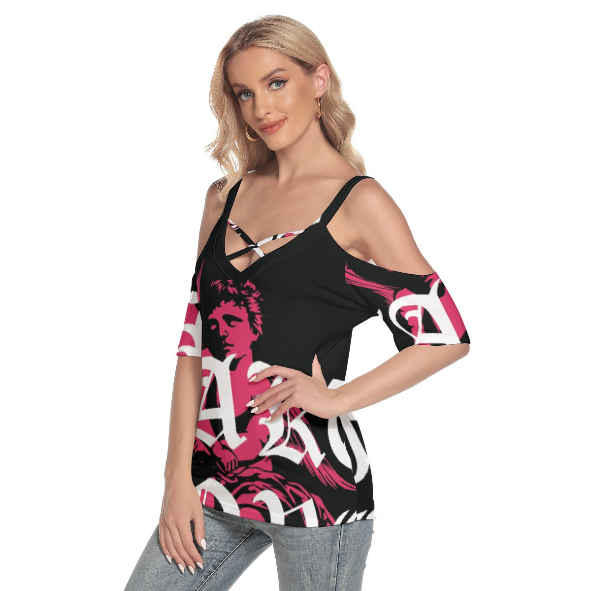 All-Over Print Women's Cold Shoulder T-shirt With Criss Cross Strips