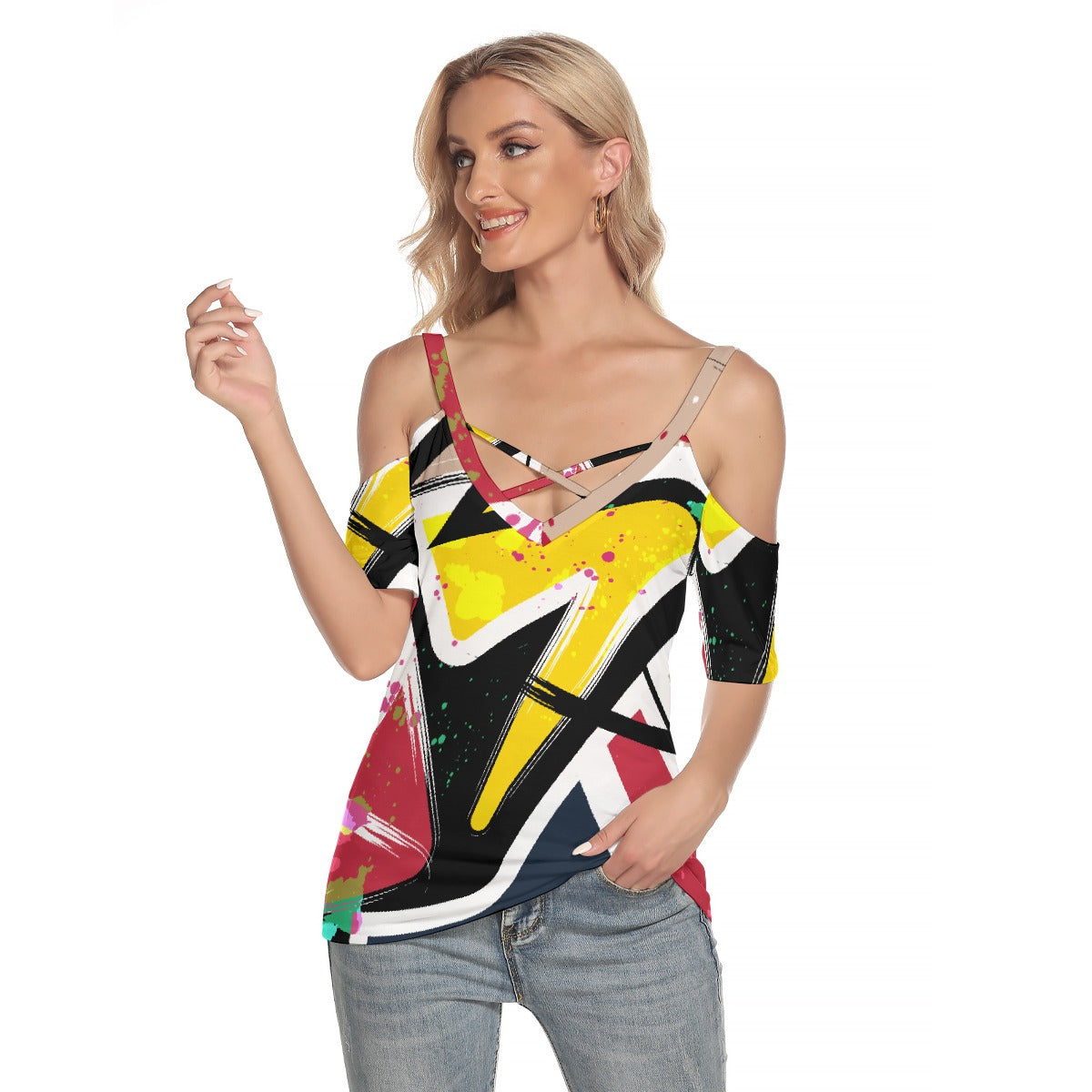 All-Over Print Women's Cold Shoulder T-shirt With Criss Cross Strips