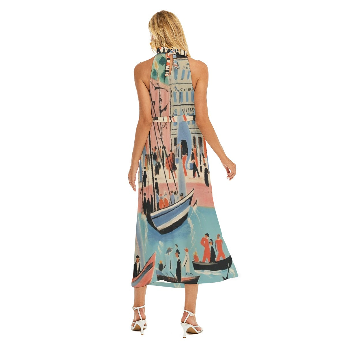 All-Over Print Women's Wrap Hem Belted Halter Dress