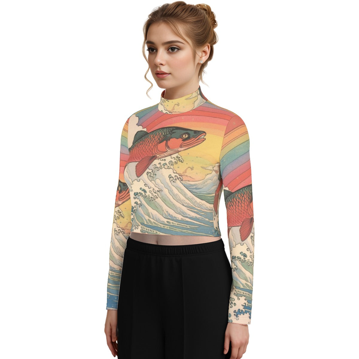 Eco-Friendly All-Over Print Women's Turtleneck T-shirt With Long Sleeve