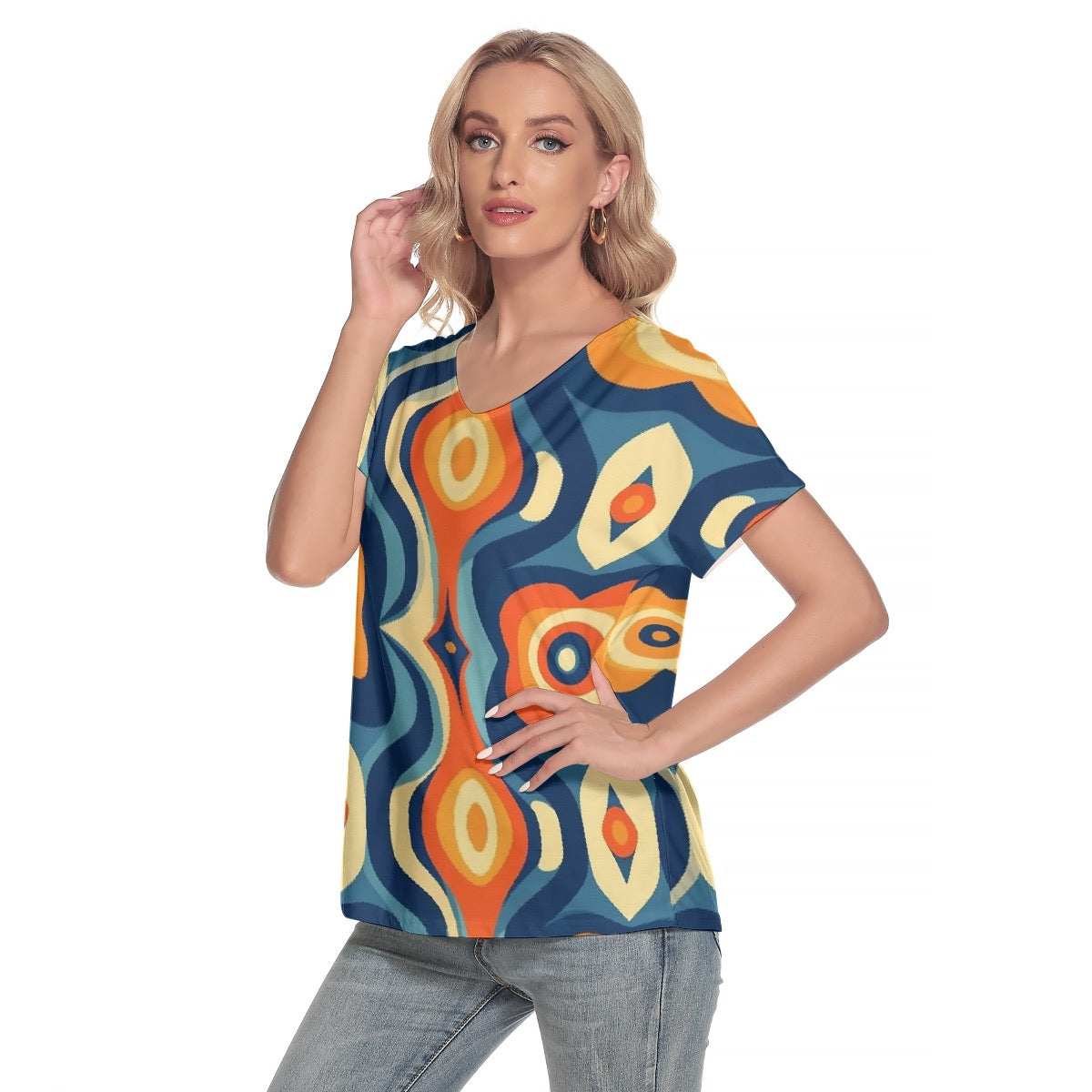 All-Over Print Women's Loose V-neck Short Sleeve T-shirt