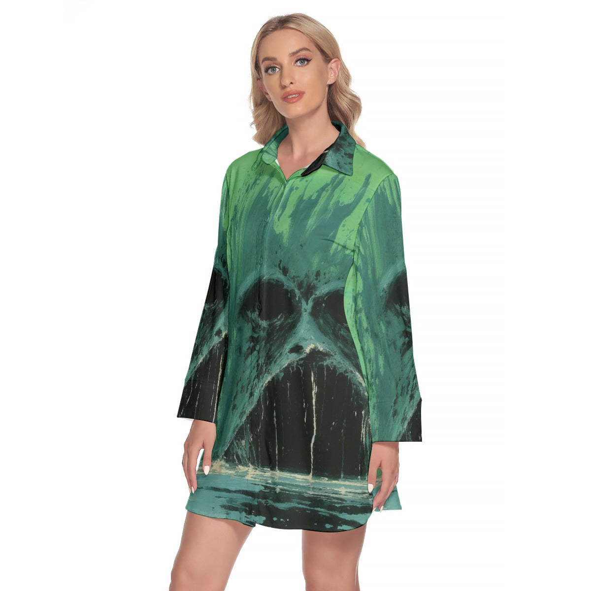 All-Over Print Women's Lapel Shirt Dress With Long Sleeve