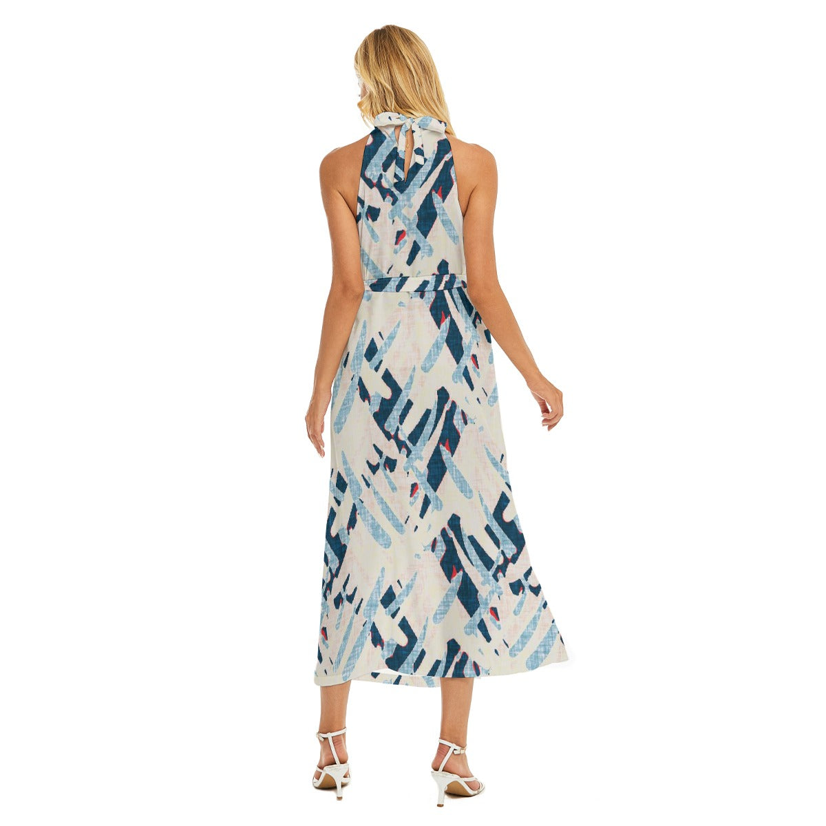 All-Over Print Women's Wrap Hem Belted Halter Dress