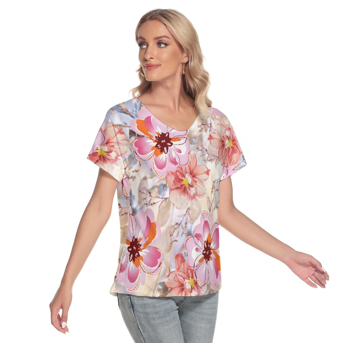 All-Over Print Women's Loose V-neck Short Sleeve T-shirt