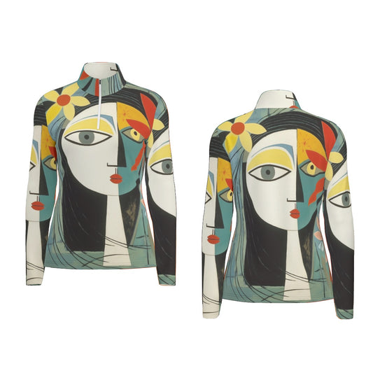 All-Over Print Women's Sports Collar Jersey With Long Sleeve