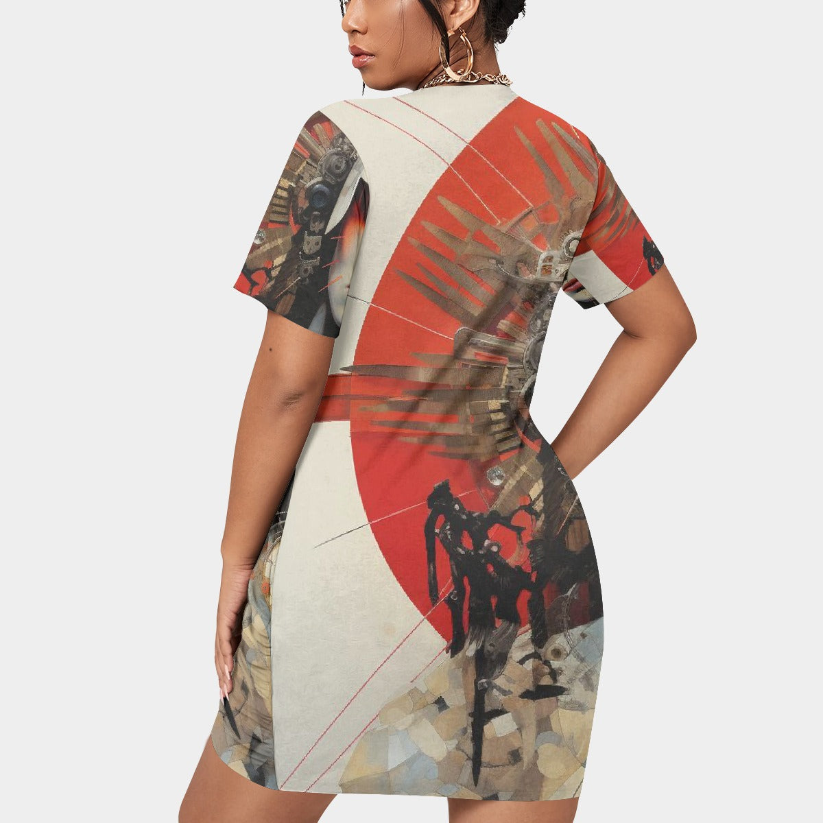 All-Over Print Women’s Stacked Hem Dress With Short Sleeve（Plus Size）