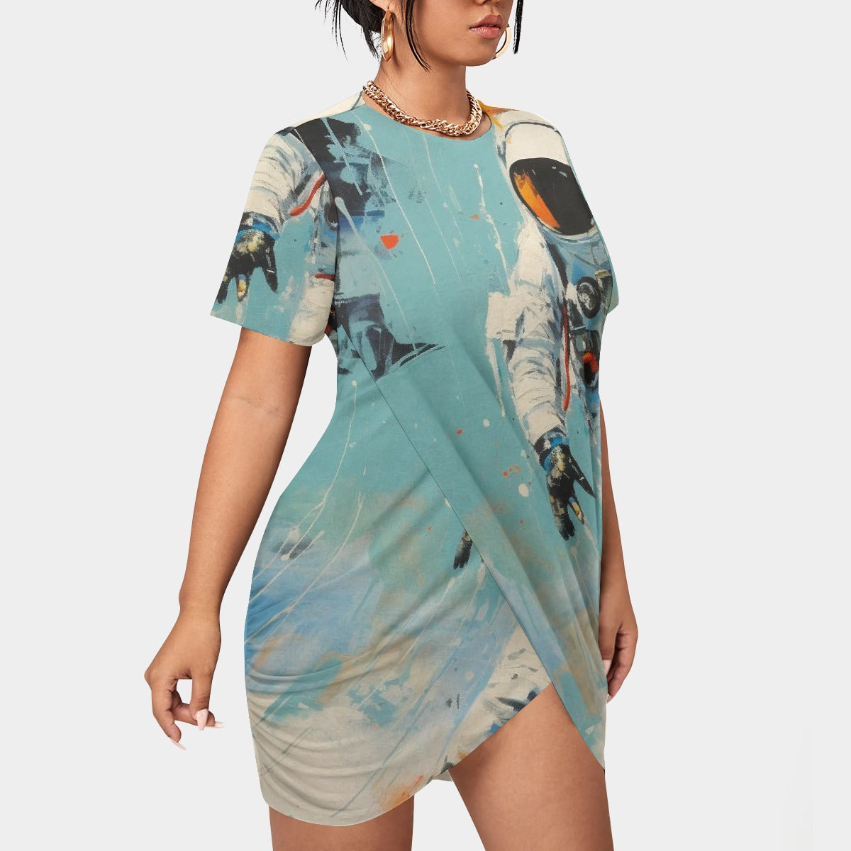 All-Over Print Women’s Stacked Hem Dress With Short Sleeve（Plus Size）