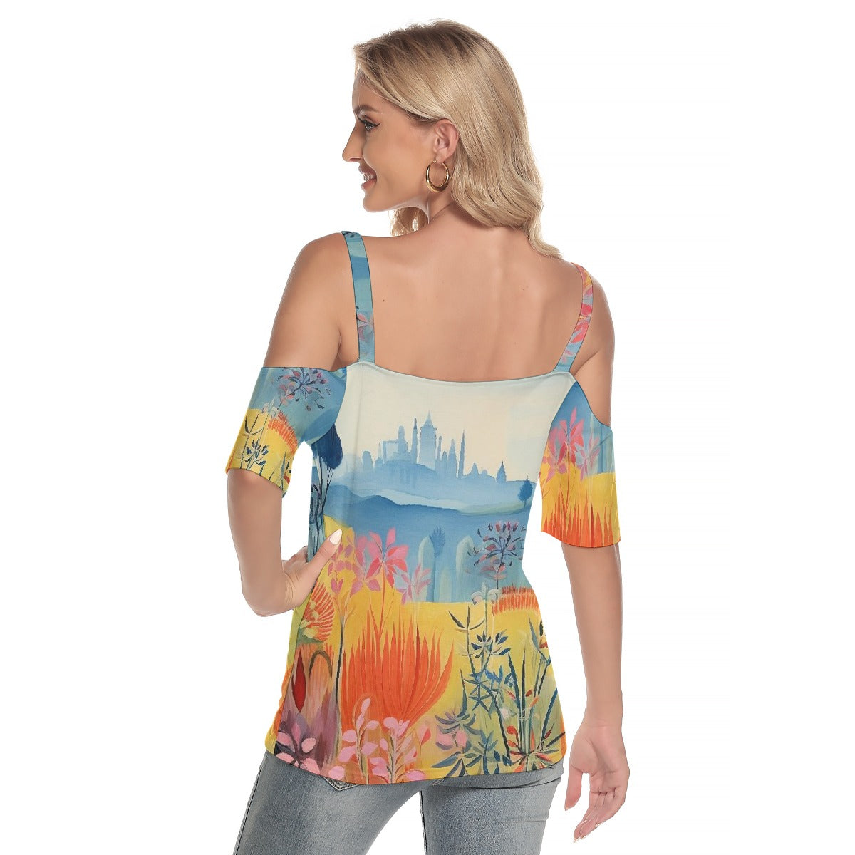 All-Over Print Women's Cold Shoulder T-shirt With Criss Cross Strips