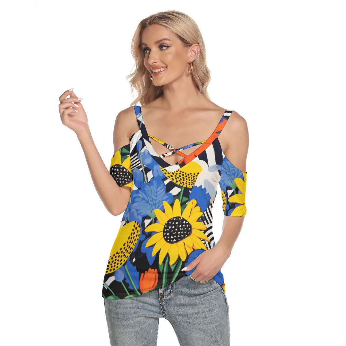 All-Over Print Women's Cold Shoulder T-shirt With Criss Cross Strips