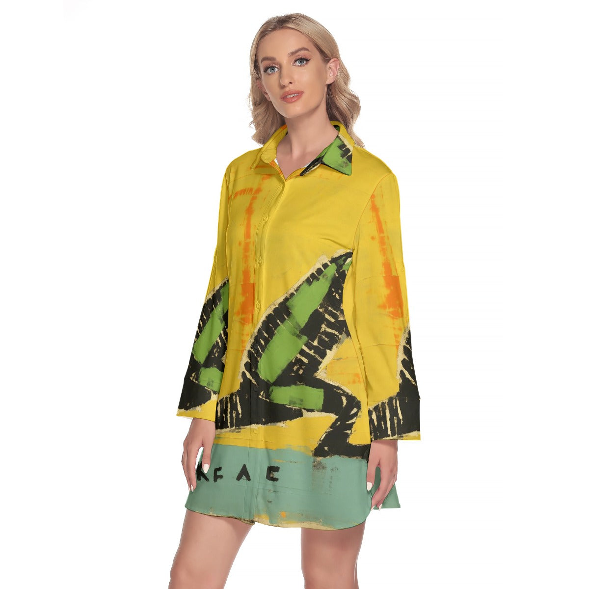 All-Over Print Women's Lapel Shirt Dress With Long Sleeve