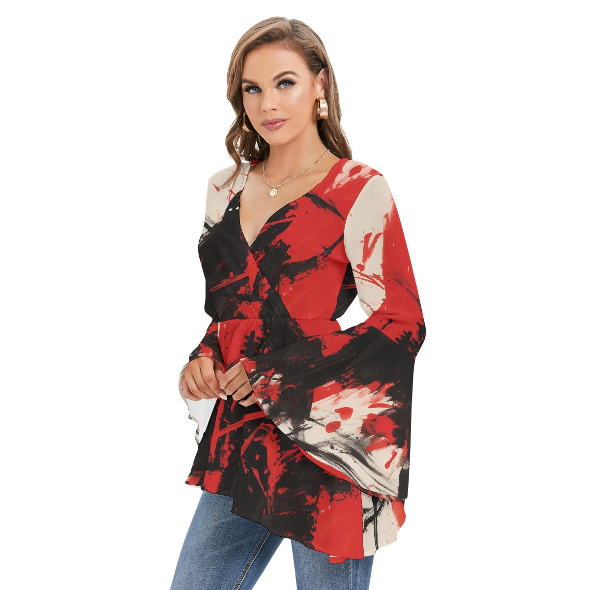 All-Over Print Women's V-neck Blouse With Flared Sleeves