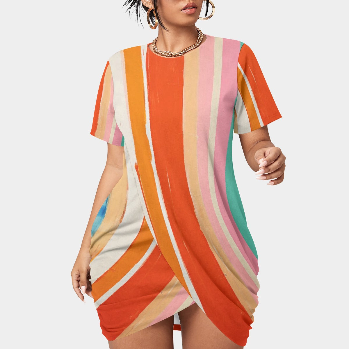 All-Over Print Women’s Stacked Hem Dress With Short Sleeve（Plus Size）