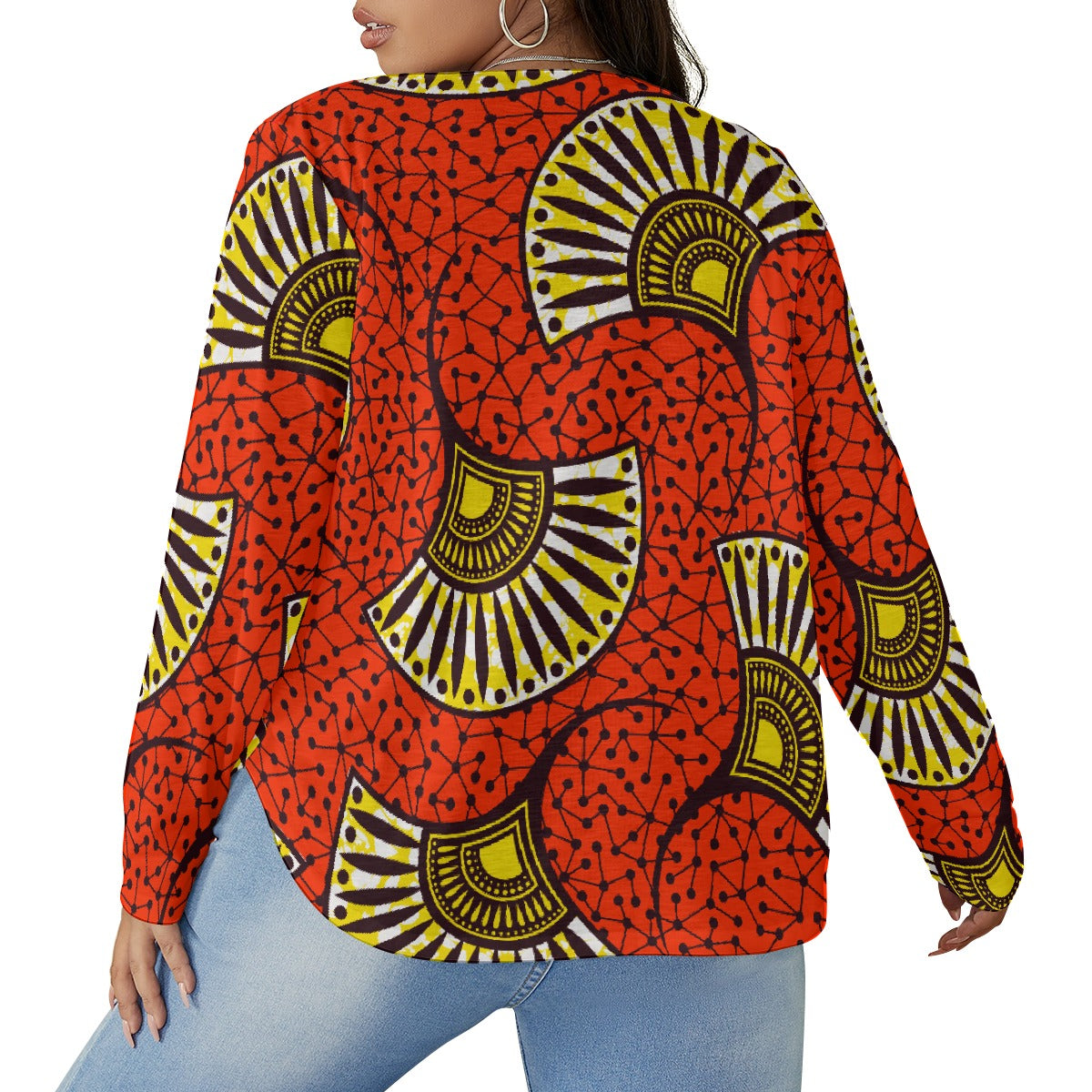 All-Over Print Women's V-neck T-shirt With Curved Hem(Plus Size)