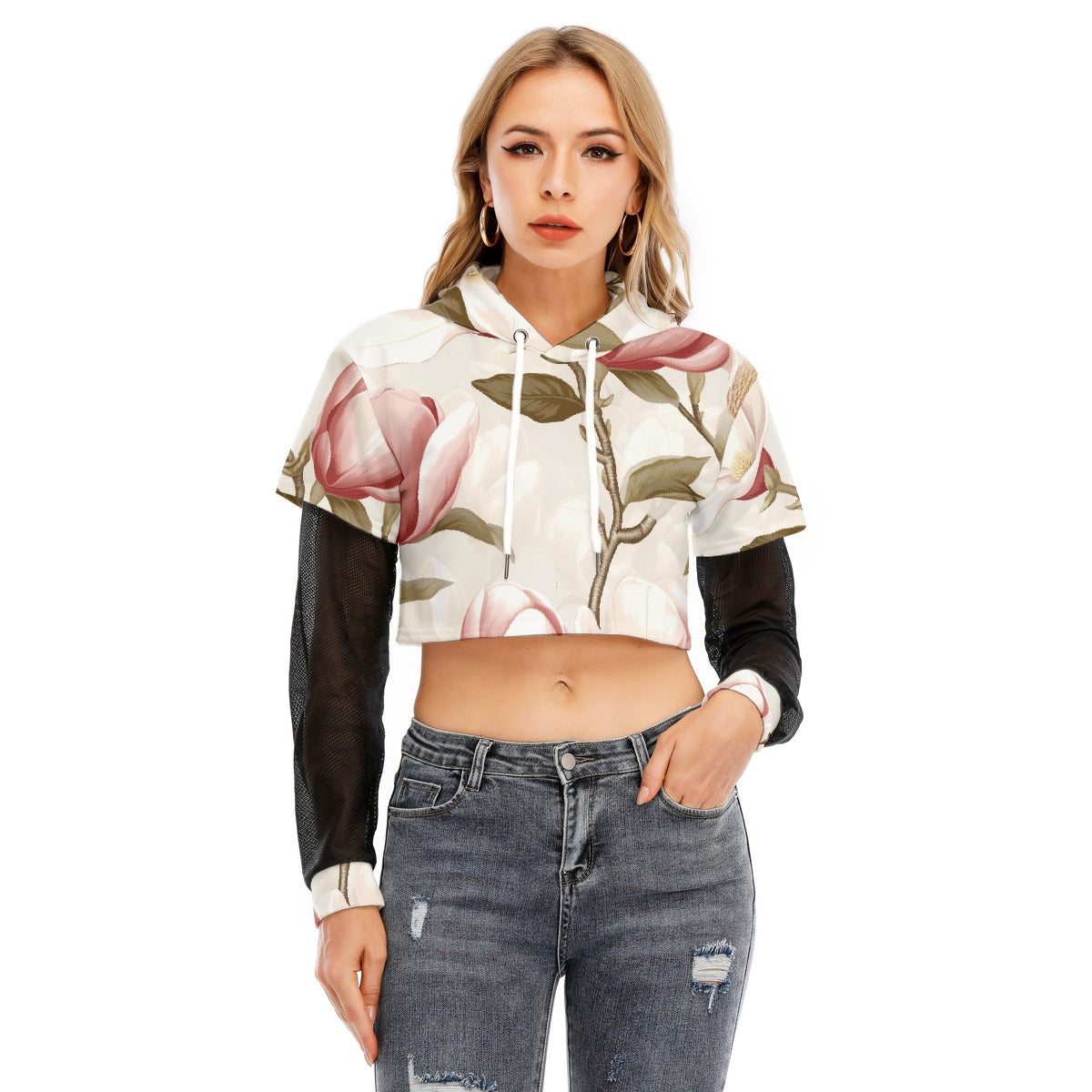 All-Over Print Women's Fake Two-piece Mesh Sleeve Cropped Hoodie