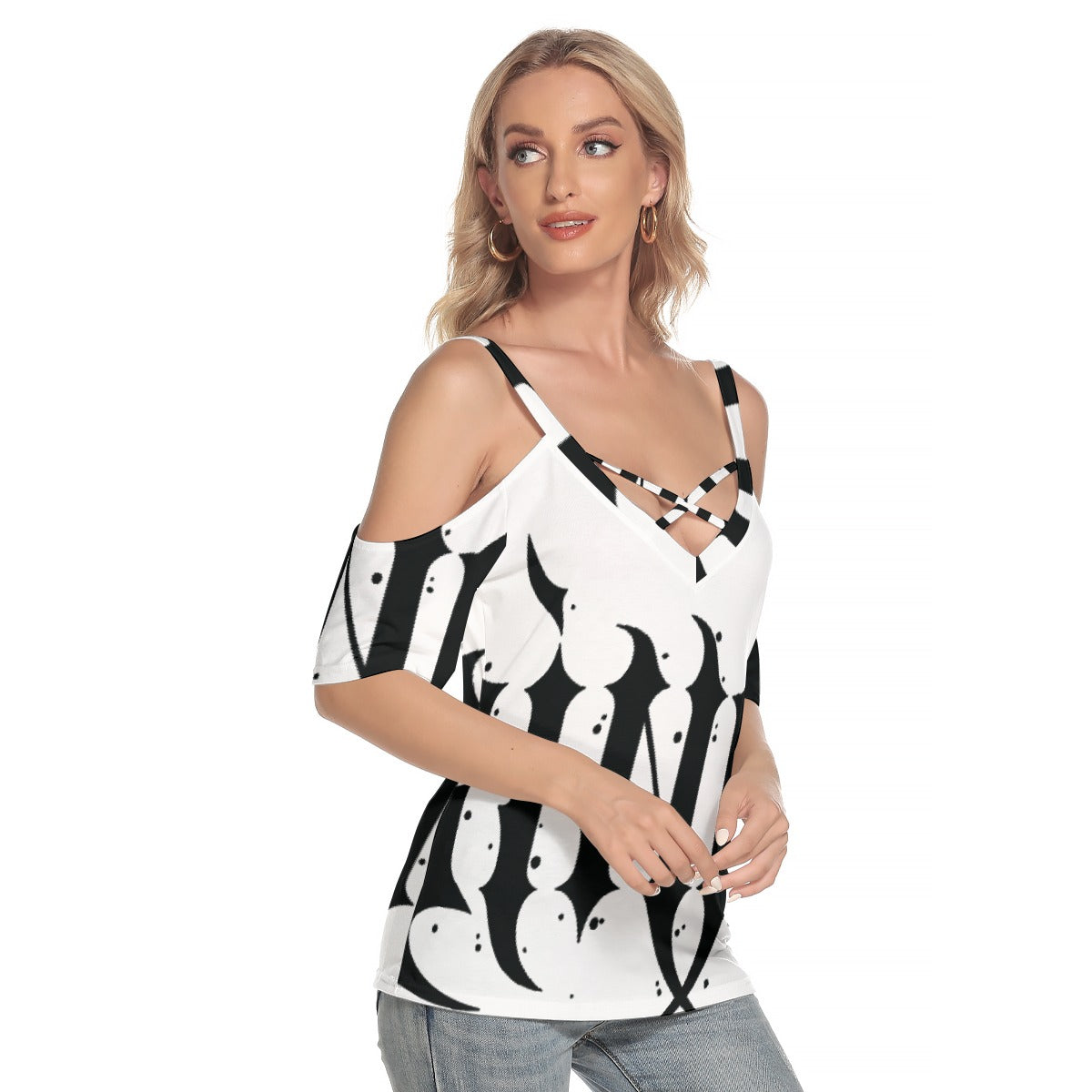 All-Over Print Women's Cold Shoulder T-shirt With Criss Cross Strips