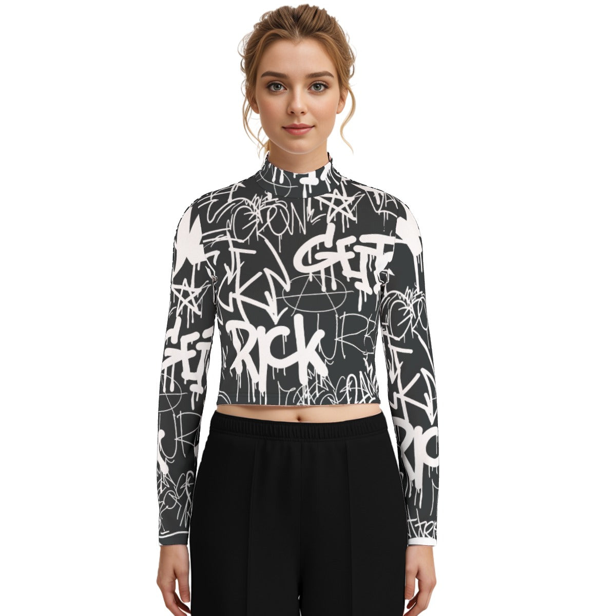 Eco-Friendly All-Over Print Women's Turtleneck T-shirt With Long Sleeve