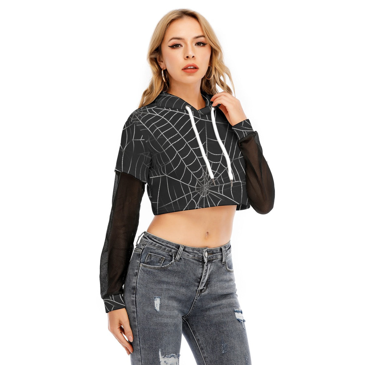 All-Over Print Women's Fake Two-piece Mesh Sleeve Cropped Hoodie