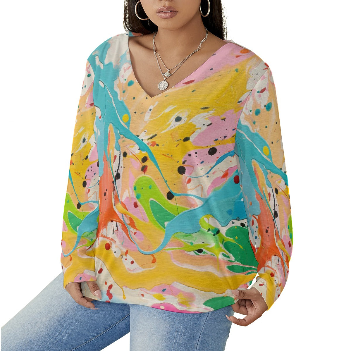 All-Over Print Women's V-neck T-shirt With Curved Hem(Plus Size)