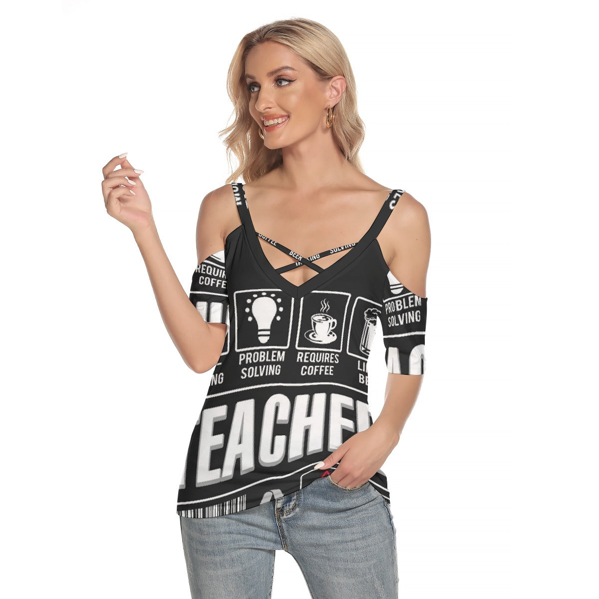 All-Over Print Women's Cold Shoulder T-shirt With Criss Cross Strips