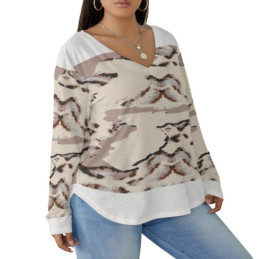 All-Over Print Women's V-neck T-shirt With Curved Hem(Plus Size)