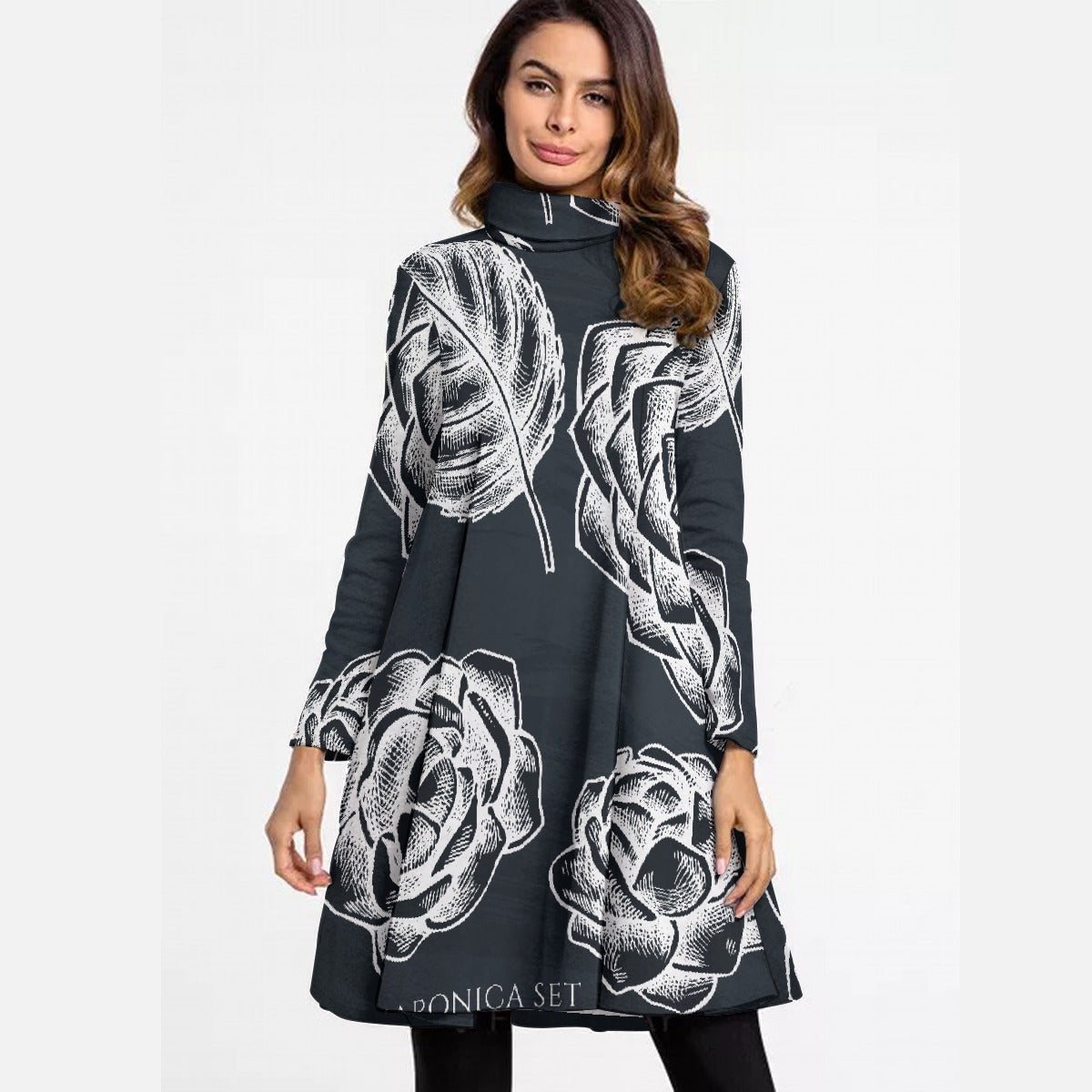 All-Over Print Women's High Neck Dress With Long Sleeve