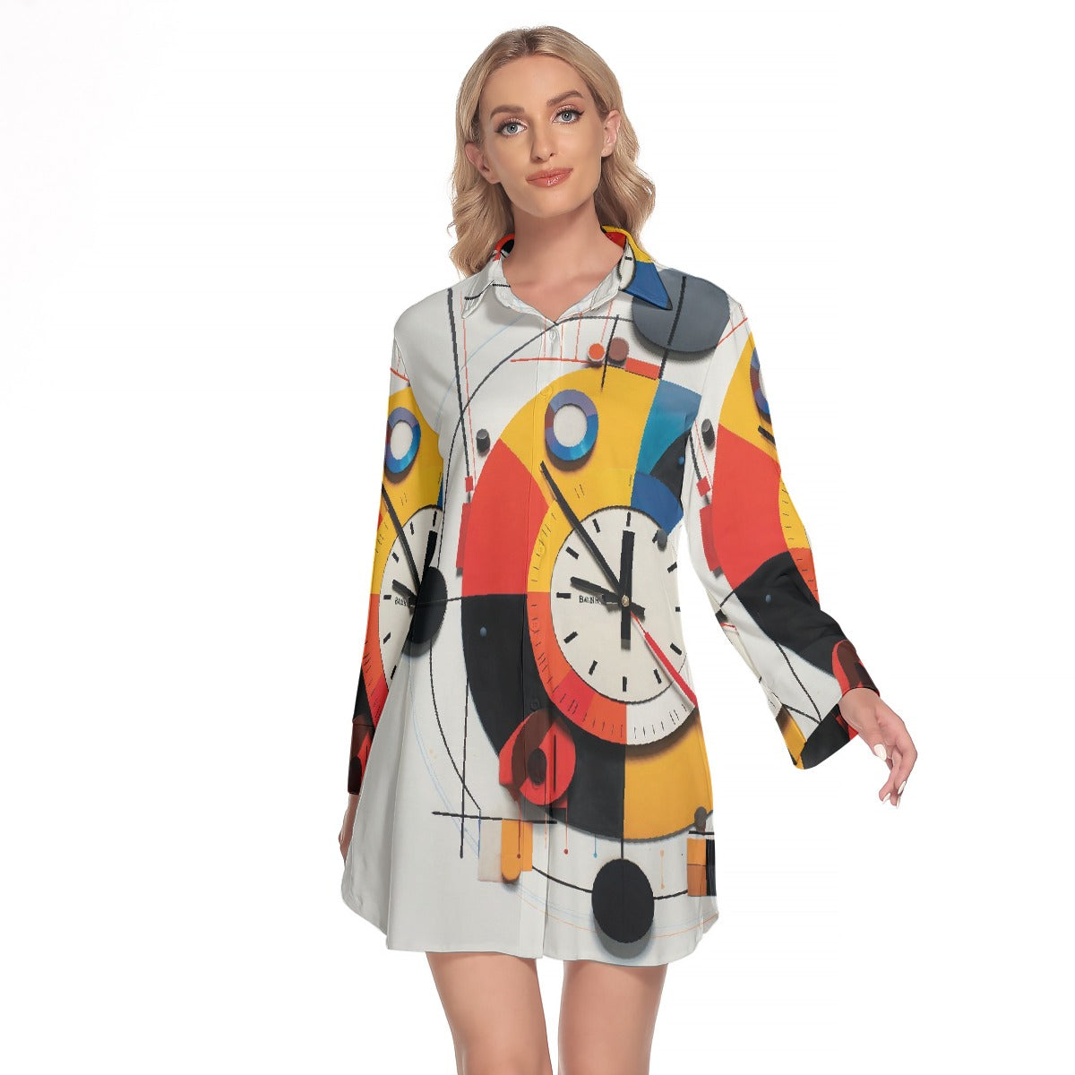 All-Over Print Women's Lapel Shirt Dress With Long Sleeve