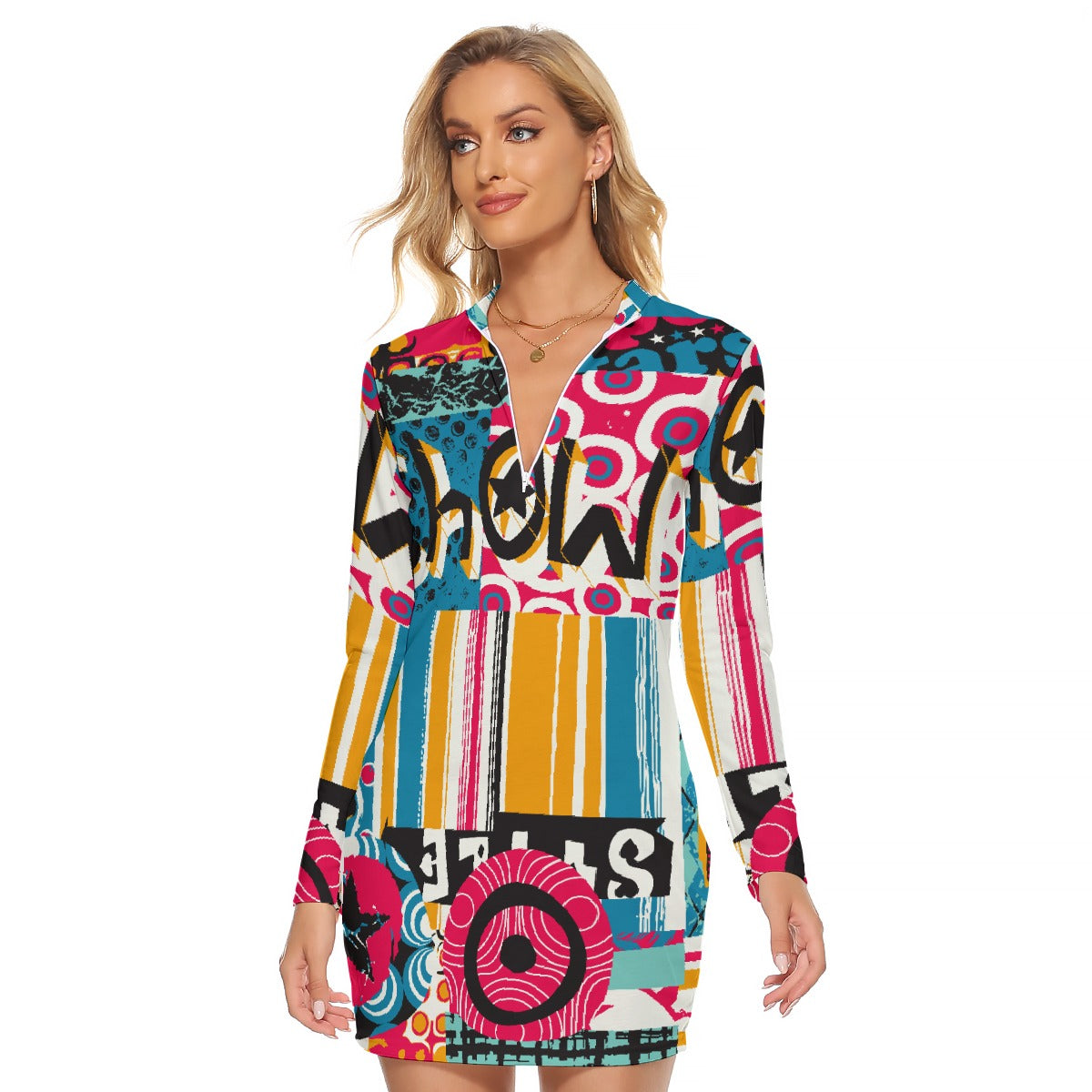 All-Over Print Women's Zip Front Tight Dress