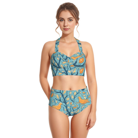 All-Over Print Women's Swimsuit Set With Halter