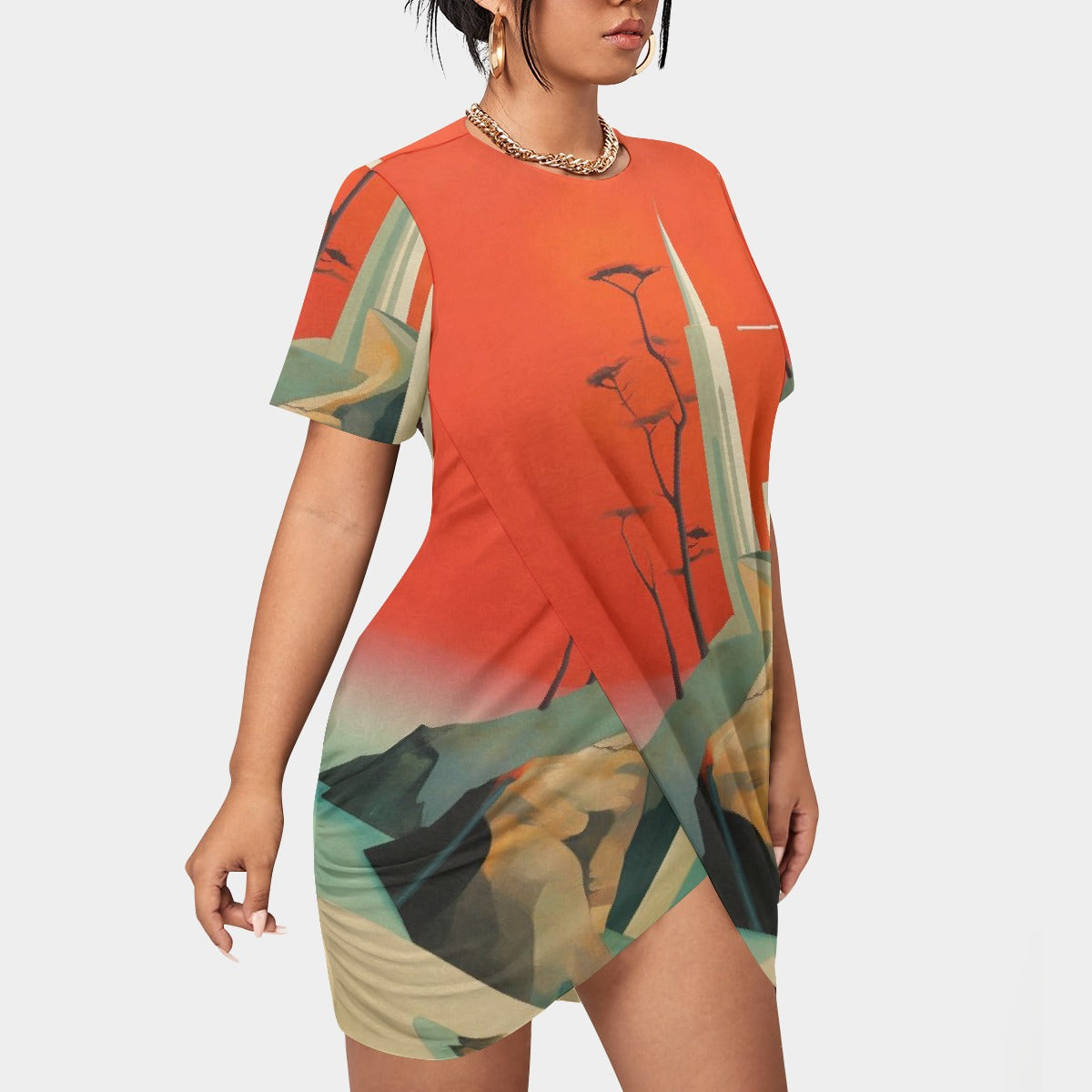 All-Over Print Women’s Stacked Hem Dress With Short Sleeve（Plus Size）