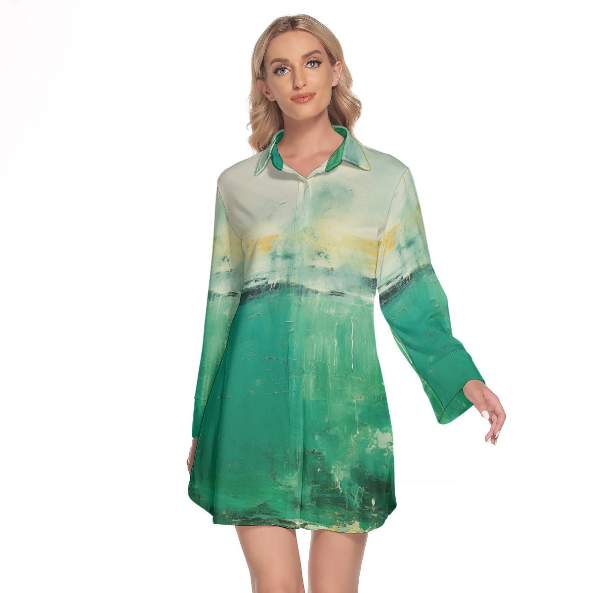 All-Over Print Women's Lapel Shirt Dress With Long Sleeve