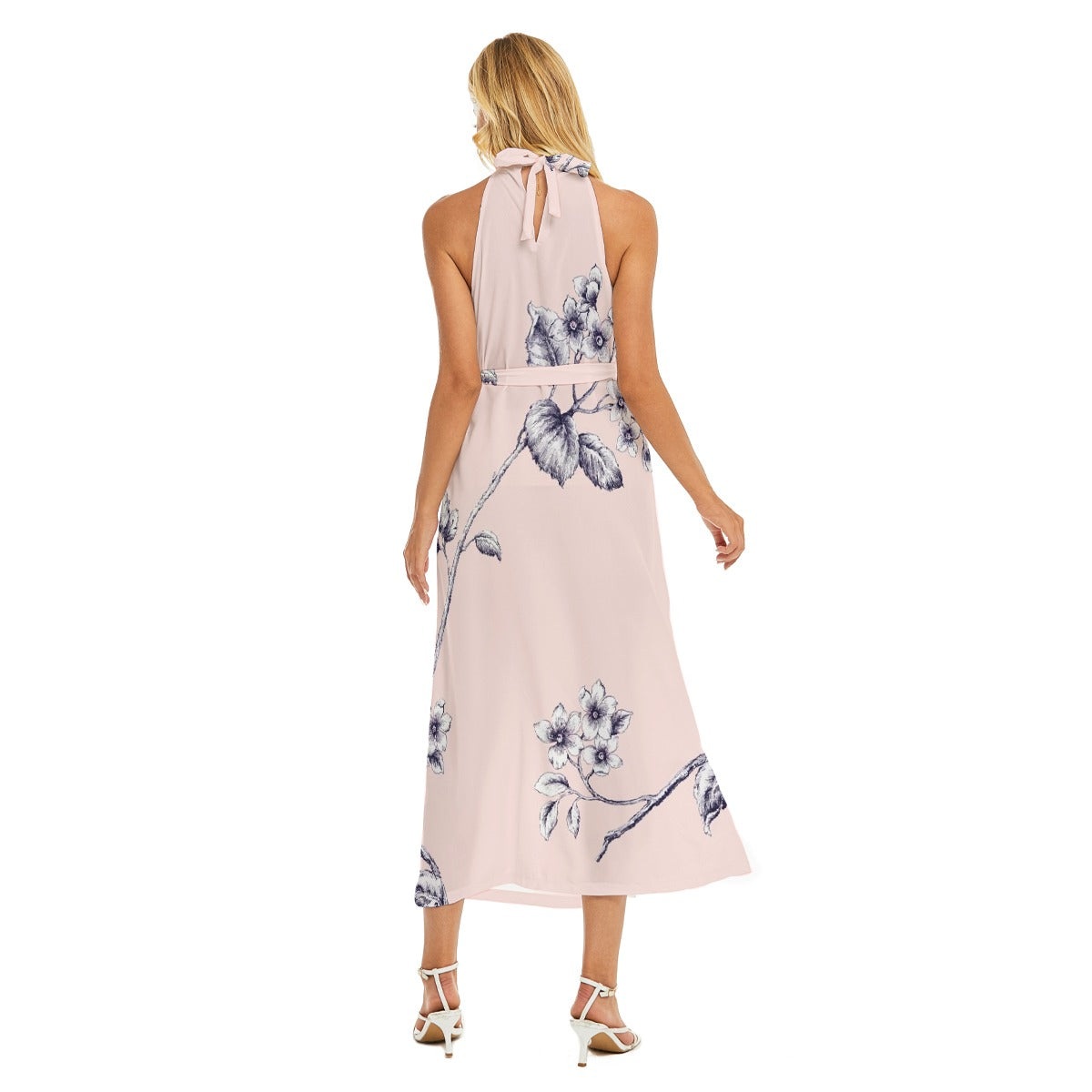 All-Over Print Women's Wrap Hem Belted Halter Dress