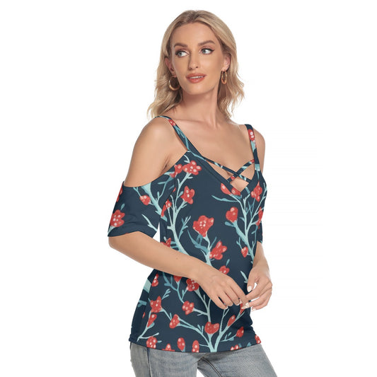 All-Over Print Women's Cold Shoulder T-shirt With Criss Cross Strips