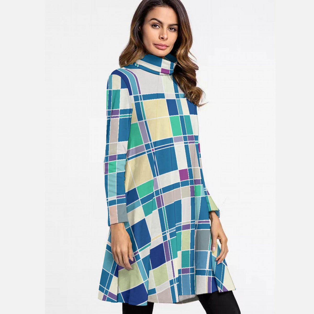 All-Over Print Women's High Neck Dress With Long Sleeve