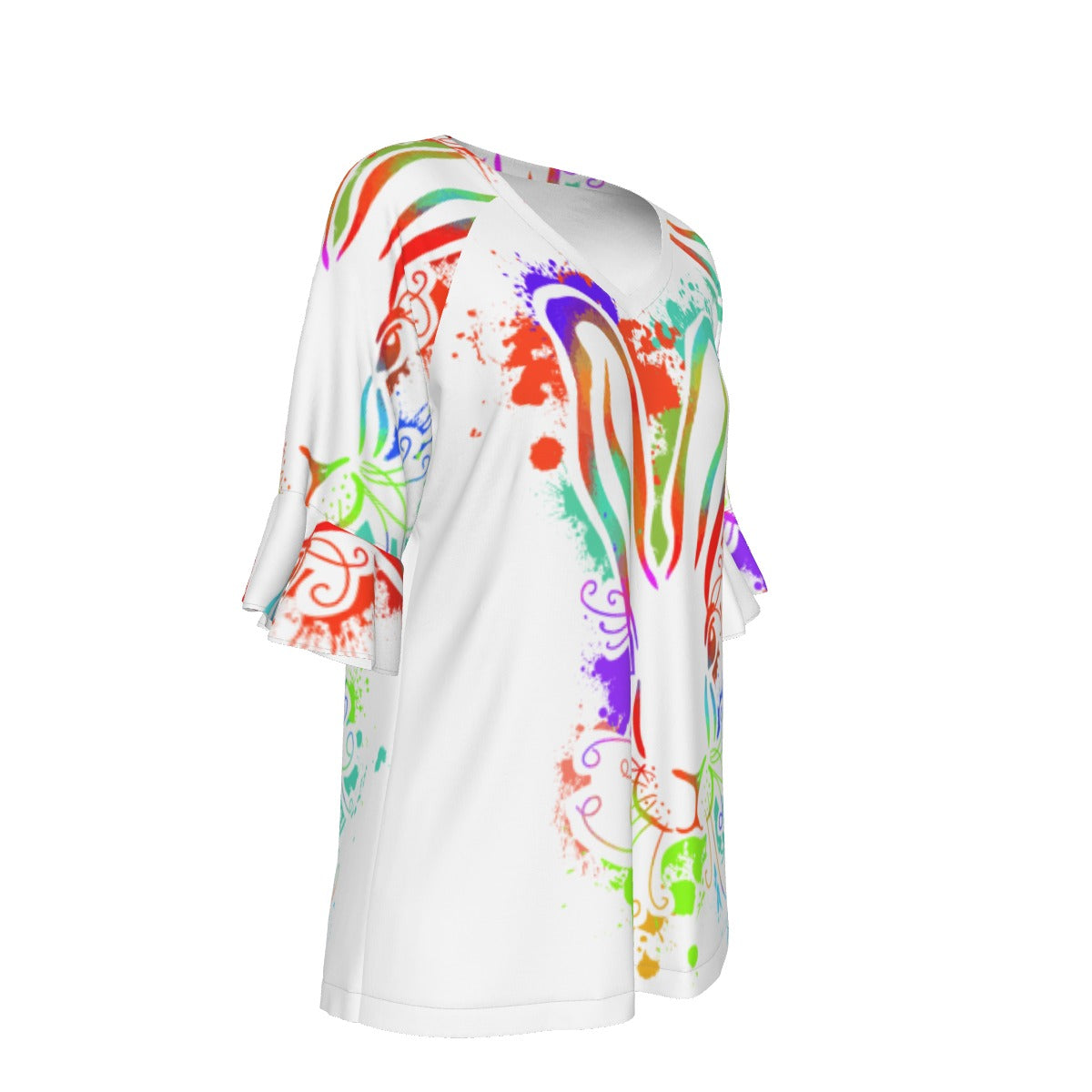 All-Over Print V-neck Women's T-shirt With Bell Sleeve