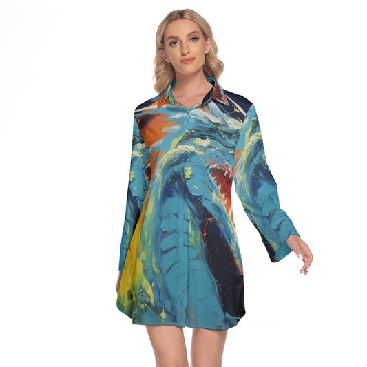 All-Over Print Women's Lapel Shirt Dress With Long Sleeve