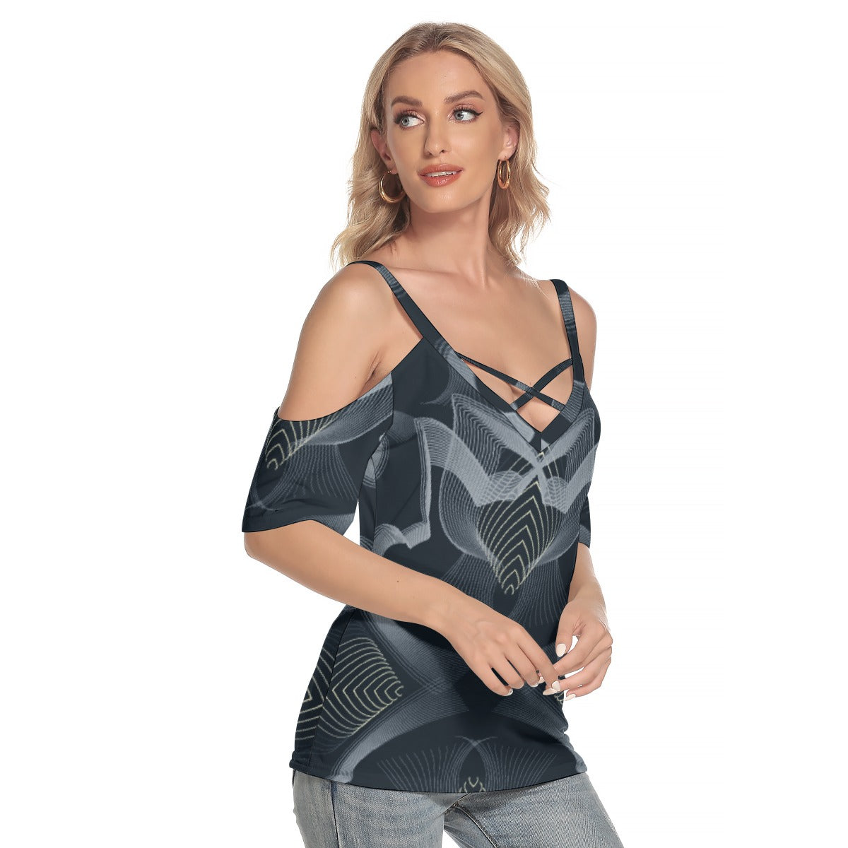 All-Over Print Women's Cold Shoulder T-shirt With Criss Cross Strips