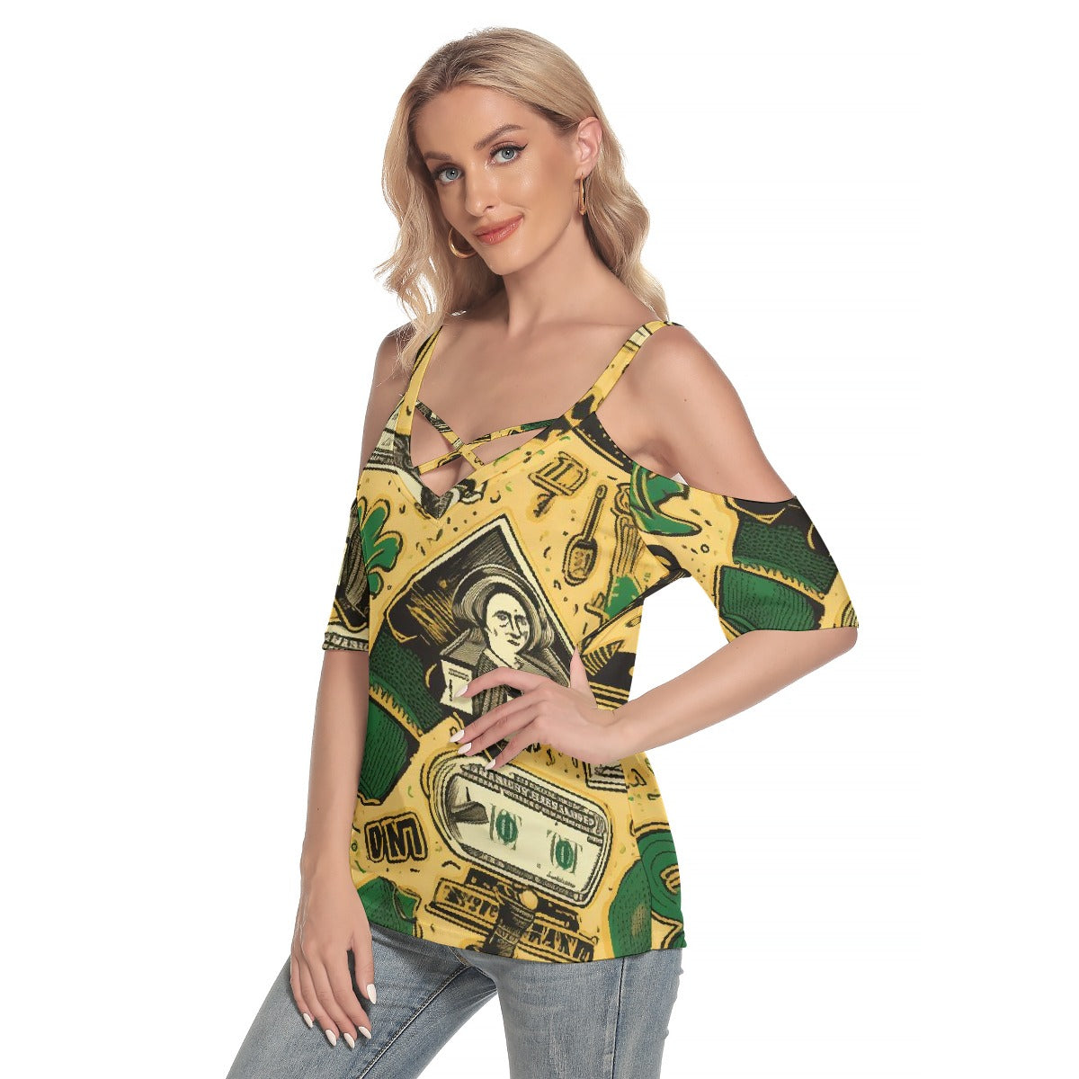 All-Over Print Women's Cold Shoulder T-shirt With Criss Cross Strips