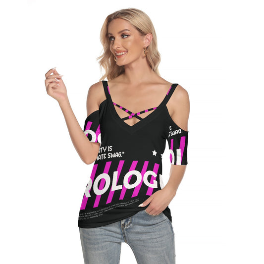 All-Over Print Women's Cold Shoulder T-shirt With Criss Cross Strips