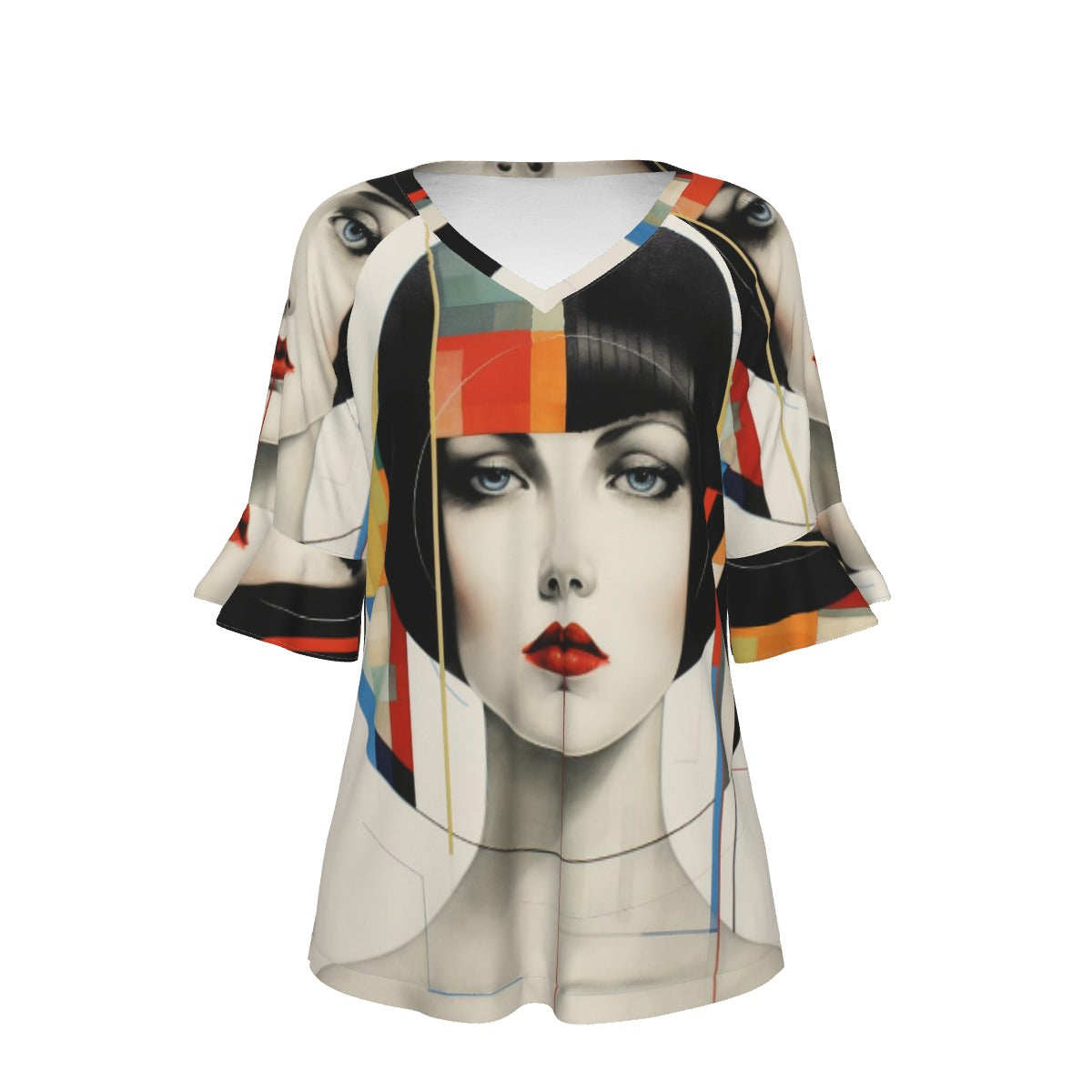 All-Over Print V-neck Women's T-shirt With Bell Sleeve